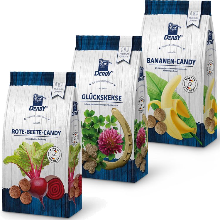 DERBY 3er Pack Pferdeleckerchen Banane & rote Beete Candy & Glückskekse (3x1kg)