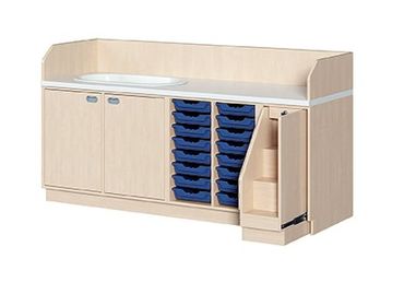 Wickelkommode mit Badewanne, Treppe und 8/16 ErgoTrayboxen, Breite 213 cm