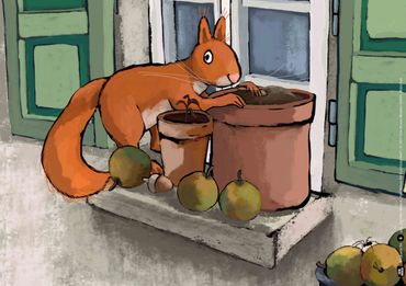 Kamishibai Bildfolge Fünf Nüsse für Eichhörnchen.