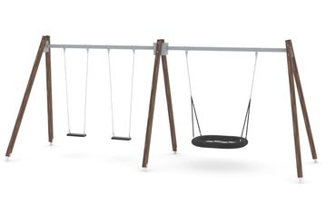 Schaukelkombination Kiefernholz mit 2 Schaukelbrettern und einer Nestschaukel für bis zu 9 Kinder mit verschiedenfarbigen Trägerbalken aus Metall