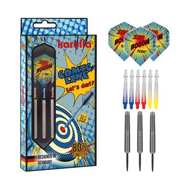 Karella Steeldart Comic Line CL-1 22 g – drei Steeldarts mit Metallspitze, Comic-Flights und farbigen Shafts