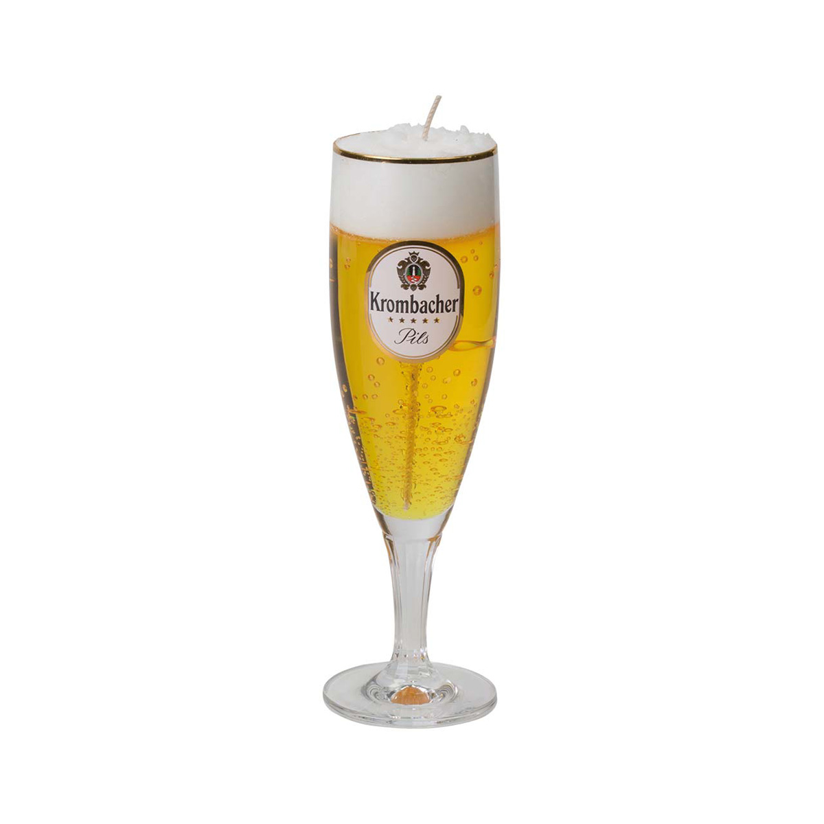 Gelkerze im Krombacher Bierglas mit weißer Schaumkrone
