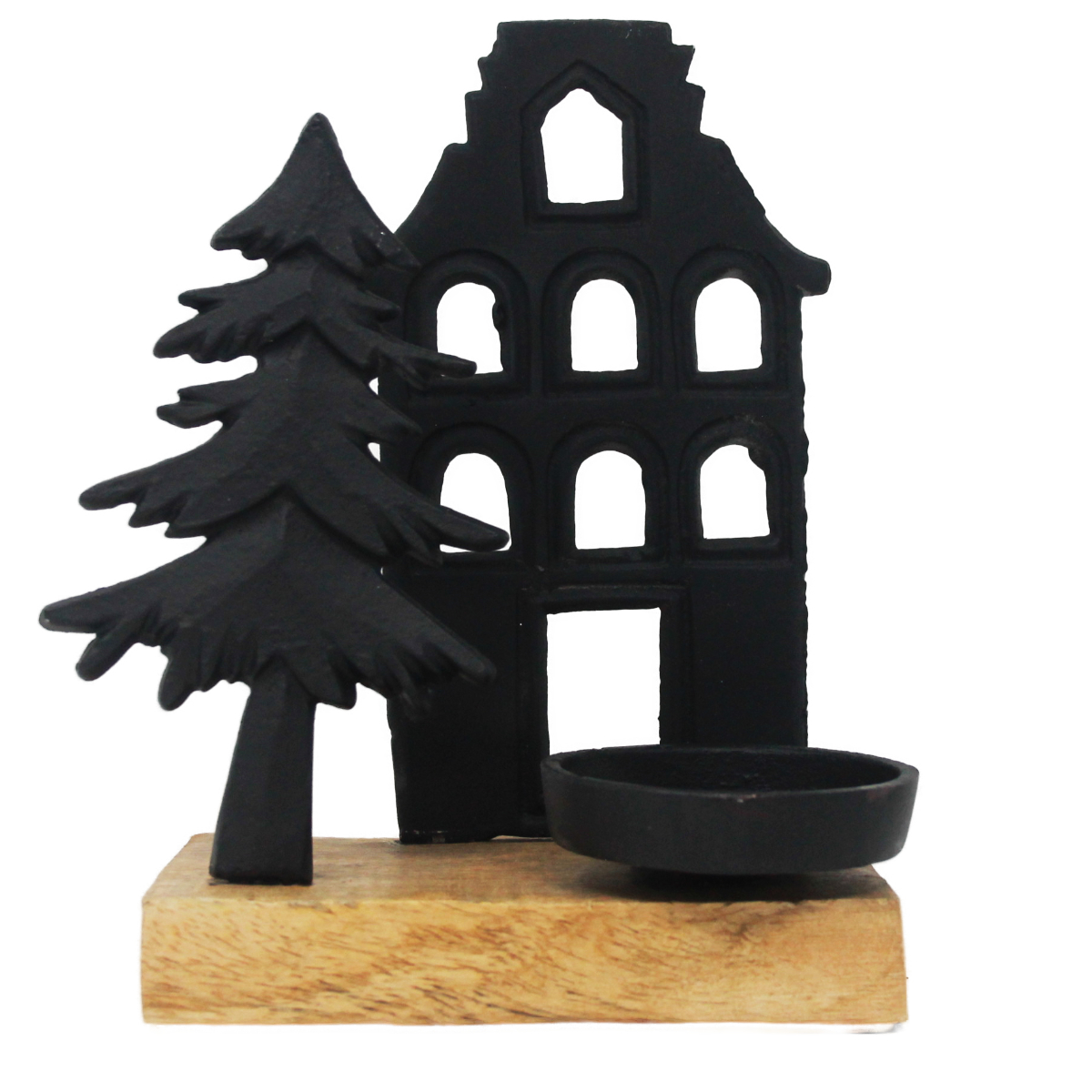 Weihnachtskerzenständer matt schwarz mit Haus und Tanne 21x10x21cm