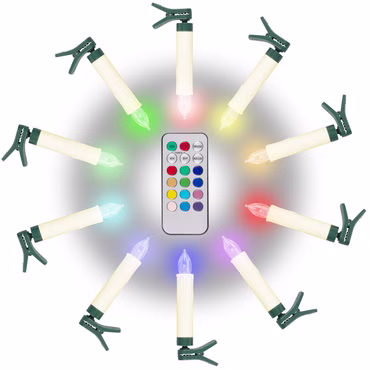 Kabellose RGB LED Kerzen mit Fernbedienung – Weihnachtskerzen mit 12 Farben – Farbmodus wählbar: eine Farbe, Farbwechsel, Multicolor – Lichterkette für Ihren Weihnachtsbaum