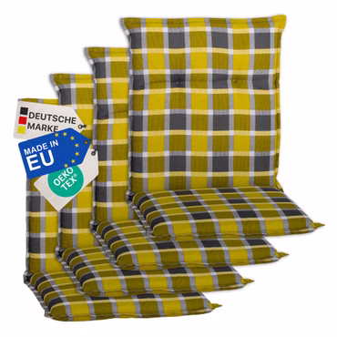 Gartenstuhl-Auflage Barcelona – Niedriglehnerauflage für Gartenstühle, Anzahl: 4er Set, Dessin: Karo Gelb Grau