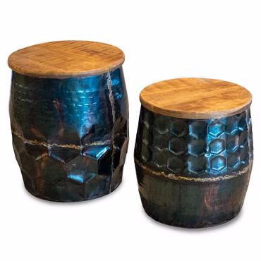 Beistelltisch Fass aus Mangoholz und Metall Rund Industrie-Design Hammerschlag
