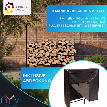Kaminholzregal Schwarz inkl. Abdeckung - Brennholzregal aus Metall für bis zu 150 kg Holz