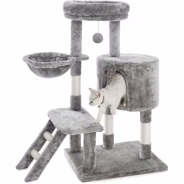 Katzen Kratzbaum Figaro 102 cm Grau - Deluxe Katzenbaum mit Katzenhöhle, Hängematte, Plattform, Katzenspielzeug und Sisal Kratzsäule
