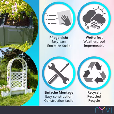 Gartenbank NYVIGreen 2-Sitzer 174x49x207 cm mit Pflanzkästen & Rosenbogen & Spalier - Sitzbank aus wetterfestem & recyceltem Kunststoff, Farbe: Weiß