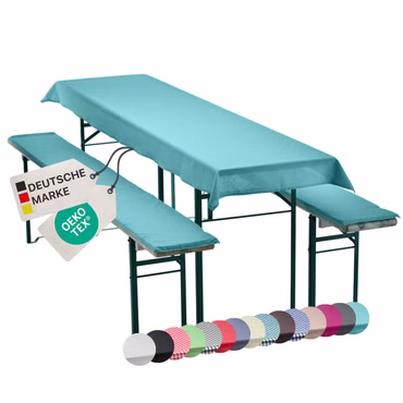 Bierbankauflagen Set NYVIGala 3 teilig - Auflagen für Bierzeltgarnitur - Tischdecke für Biertisch & Sitzpolster für Bierbänke, Farbe: Aqua, Größe: 240x90 cm