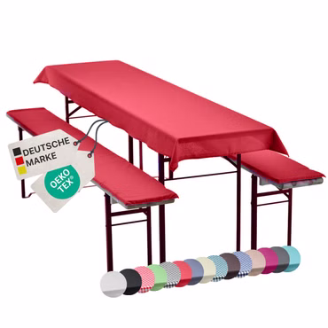 Bierbankauflagen Set NYVIGala 3 teilig - Auflagen für Bierzeltgarnitur - Tischdecke für Biertisch & Sitzpolster für Bierbänke, Farbe: Rot, Größe: 240x90 cm