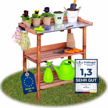 ITA Pflanztisch aus Holz 76x38x89 cm - Mit verzinkter Arbeitsplatte und Ablageboden, Farbe: Braun