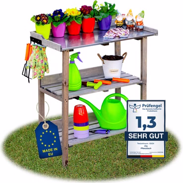 ITA Pflanztisch aus Holz 76x38x89 cm - Mit verzinkter Arbeitsplatte und Ablageboden, Farbe: Grau