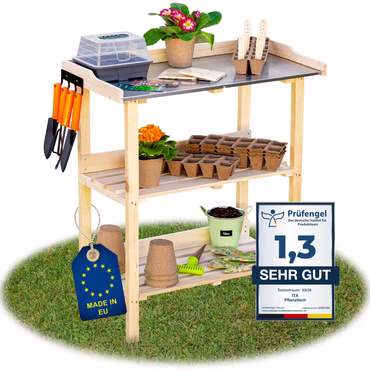 ITA Pflanztisch aus Holz 76x38x89 cm - Mit verzinkter Arbeitsplatte und Ablageboden, Farbe: Natur