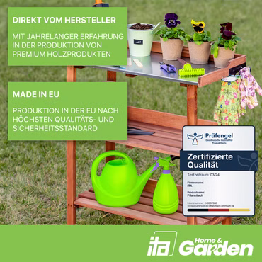 ITA Pflanztisch aus Holz 76x38x89 cm - Mit verzinkter Arbeitsplatte und Ablageboden, Farbe: Braun