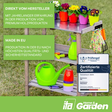 ITA Pflanztisch aus Holz 76x38x89 cm - Mit verzinkter Arbeitsplatte und Ablageboden, Farbe: Grau