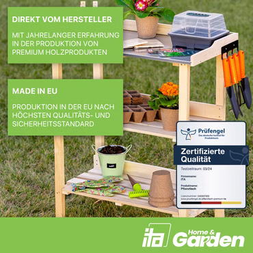 ITA Pflanztisch aus Holz 76x38x89 cm - Mit verzinkter Arbeitsplatte und Ablageboden, Farbe: Natur