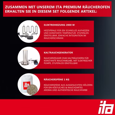 ITA Räucherofen 7000 - Premium Räucherschrank mit 3 Etagen - Legierter Stahl, Sichtfenster & Thermometer - Qualität Made In EU Direkt vom Hersteller , Ausführung: Smoker mit Heizelement + Rauchgenerator