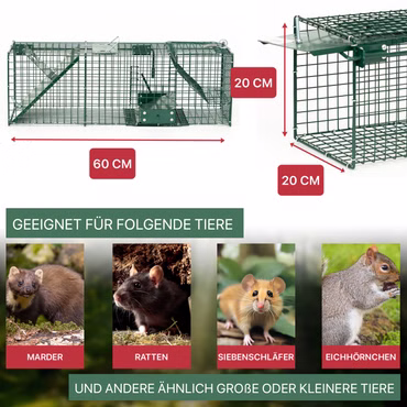 ITA Lebendfalle 6017 60x20x20 cm - Wetterfeste & Zuverlässige Falle für Kleintiere wie Marder und Ratten - Rattenfalle Marderfalle - Fertig Montiert, Bissschutz, Tragegriff