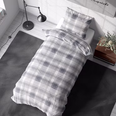 Bettwäsche Set DreamScience Renforcé Design - Atmungsaktiv & Weich - 100% Baumwolle - Mit Reißverschluss, Farbe: Karo-Silber, Größe: 155x220 + 80x80 cm