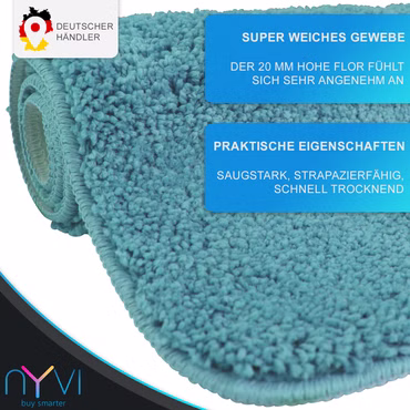 Badematte NYVISpa Lasalle  - Badezimmerteppich - Rutschfest, Saugfähig, Schnell Trocknend, Fußbodenheizung geeignet, Waschbar, Weich, Farbe: Aqua, Größe: Badematte 70x120 cm