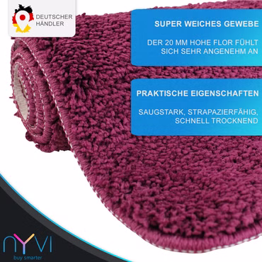Badematte NYVISpa Lasalle  - Badezimmerteppich - Rutschfest, Saugfähig, Schnell Trocknend, Fußbodenheizung geeignet, Waschbar, Weich, Farbe: Lila, Größe: WC-Vorleger 45x50 cm