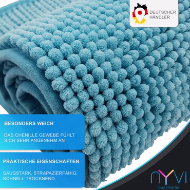 Badematte NYVISpa Chenille Rechteckig - Badezimmerteppich - Rutschfest, Saugfähig, Schnell Trocknend, Fußbodenheizung geeignet, Waschbar, Weich, Farbe: Aqua, Größe: WC-Vorleger 45x50 cm