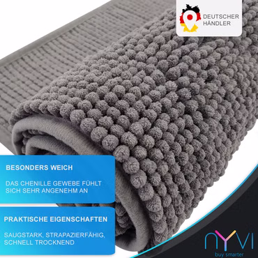 Badematte NYVISpa Chenille Rechteckig - Badezimmerteppich - Rutschfest, Saugfähig, Schnell Trocknend, Fußbodenheizung geeignet, Waschbar, Weich, Farbe: Grau, Größe: Badematte 50x80 cm