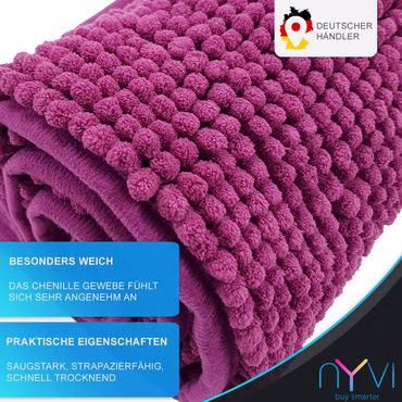 Badematte NYVISpa Chenille Rechteckig - Badezimmerteppich - Rutschfest, Saugfähig, Schnell Trocknend, Fußbodenheizung geeignet, Waschbar, Weich, Farbe: Lila, Größe: Badematte 70x120 cm