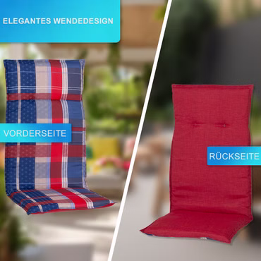 Stuhlauflage Rio - Gartenstuhl Sitzauflage mit 5 cm Sitzpolster - Bequem, Robust, Pflegeleicht, Dessin: Rot Blau Beige Kariert M407/MM19, Größe: 4x Niedriglehnerauflage
