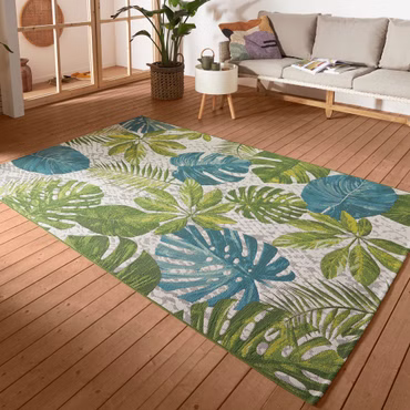 Hanse Home Teppich Flair - Wetterfest, UV-beständig, für Innen und Außen, Farbe: Turquoise Green Leaves, Größe: 120x180 cm