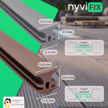 Fugendichtband NYVIFix TPE Fugenband - Perfekte Dichtung für Terrassenboden aus WPC, PVC, Echtholz oder Stein, UV-Beständig, Langlebig, Wetterfest, Farbe: Musterbox, Größe: Breite 5-10,5 mm / Länge 0,1 m