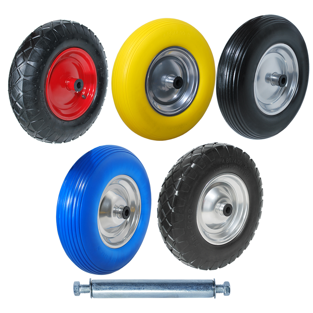 Produktbild von 2x Schubkarrenrad Vollgummi 4.80/4.00-8 – Pannensicher, PU-Reifen, 390 Mm, Mit Achse, Gelb-rot, 200 Kg Traglast