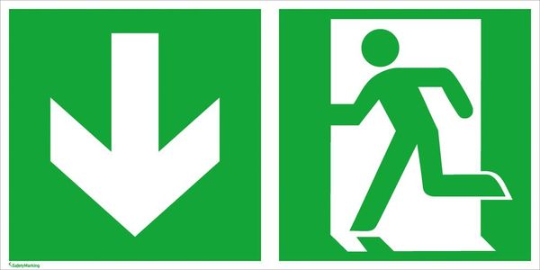 Fluchtwegschild Alu B300xH150 mm Notausgang links mit Pfeil abwärts langnachleuchtend
