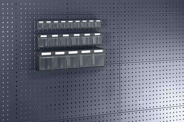 Klarsichtmagazin B600xT96xH112 mm mit 6 Kästen für Lochplatten