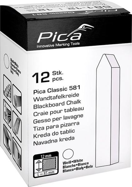 lag1103638.jpg Tafelkreide Pica-Classic weiß 12x12x85mm, eckig angespitzt, unpapiert im Karton zu 12 St. Pica