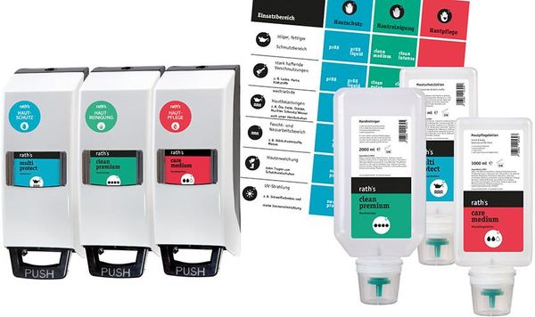 Raths Starter Set Hautsch.-reinigung-pflegemit 3 Spendern und Standrad-Hautschutzpl