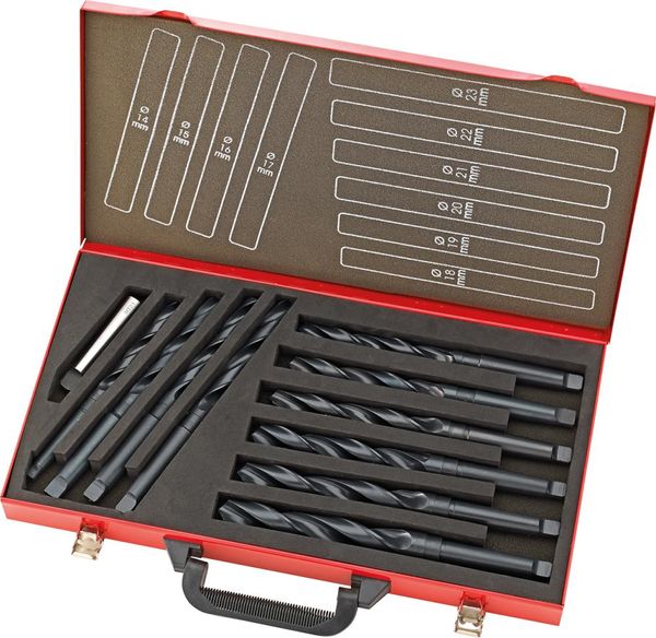 pre128391.jpg Spiralbohrer Set DIN345 HSS rollgewalzt 14-23mm, 1mm stg. Metallkoffer FORTIS