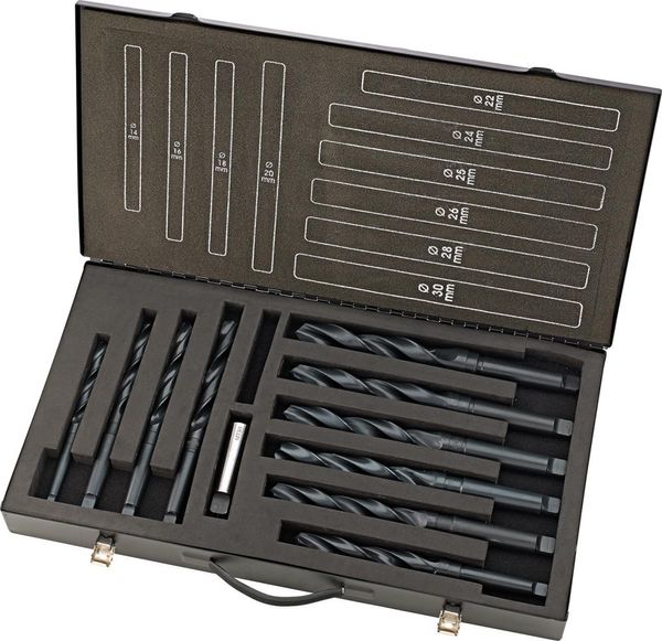 pre128392.jpg Spiralbohrer Set DIN345 HSS rollgewalzt 14-30mm, 2mm stg. + 25mm Metallkoffer FORTIS