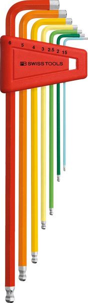 pre128990.jpg Winkelschraubendreher- Satz im Kunststoffhalter 7-teilig 1,5-6mm Rainbow Kugelkopf PB Swiss Tools