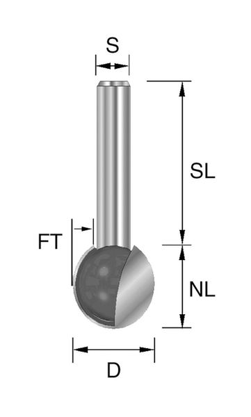HW-Kugelfräser D=19,05mm NL=18,2mm S=8mm FT=9,5mm