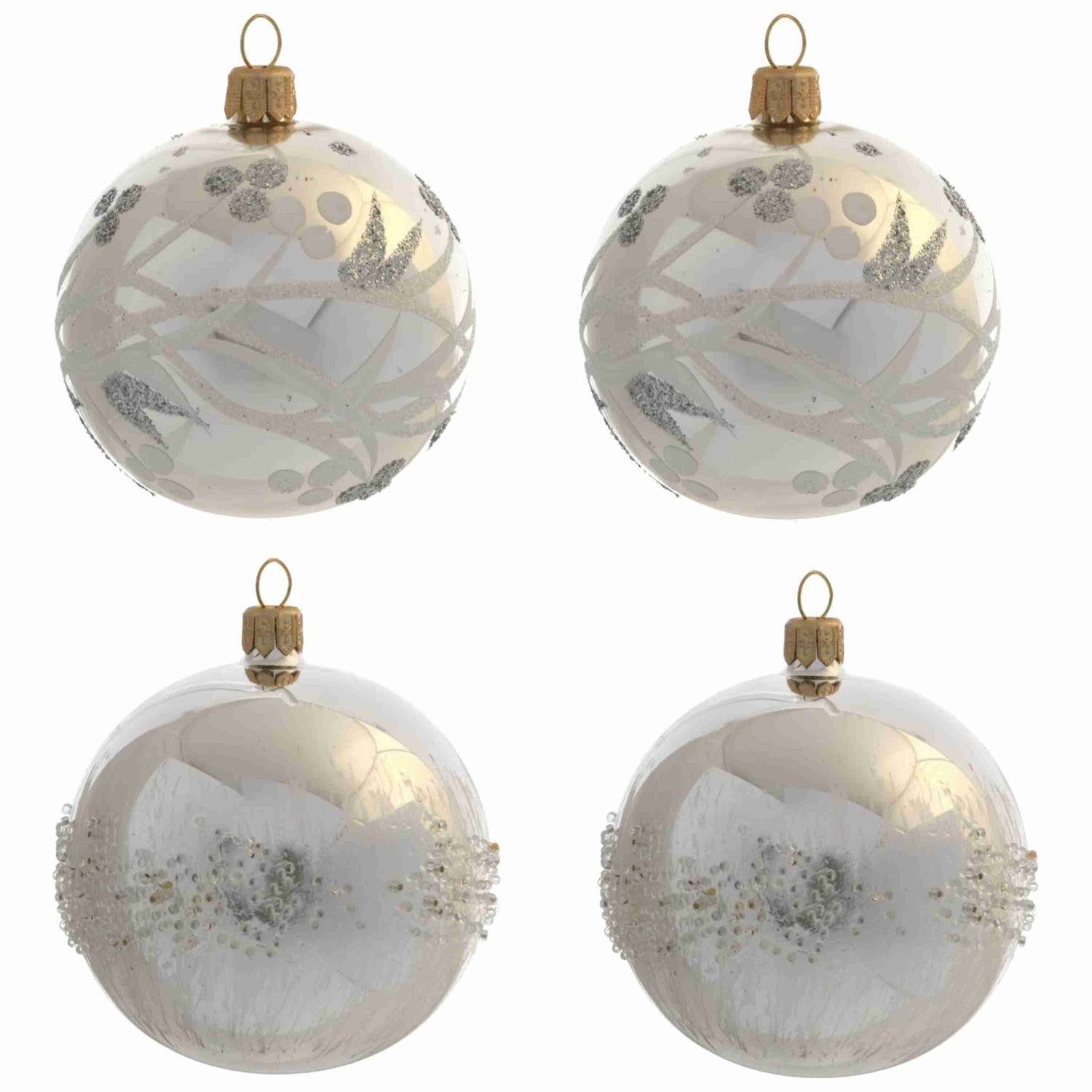 Christbaumschmuck aus Glas 4-teilig Kugeln weiß-silber 7 cm
