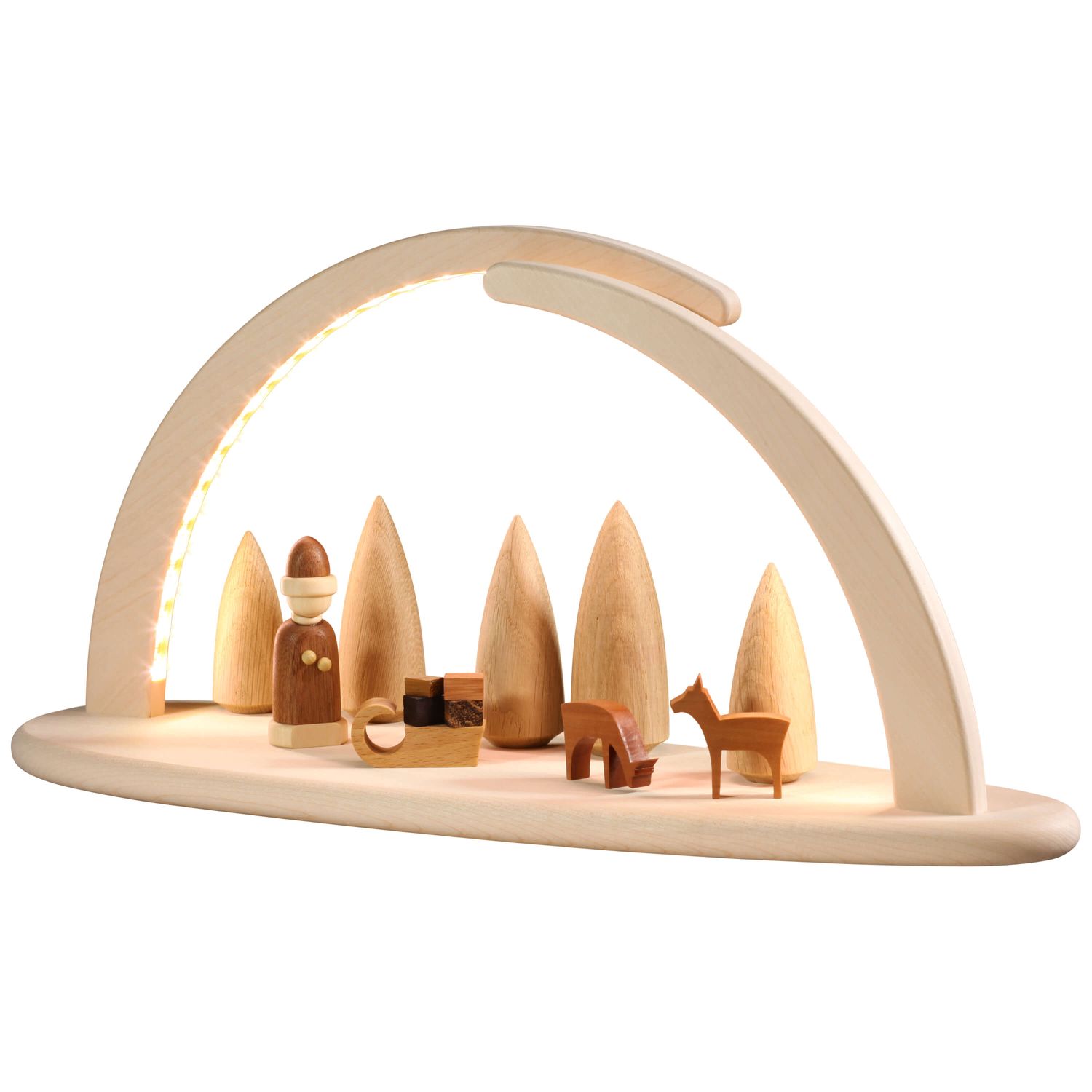 Seiffener Volkskunst Schwibbogen aus naturbelassenem Holz LED warmweiß 13x42x21cm mit Weihnachtsmotiv