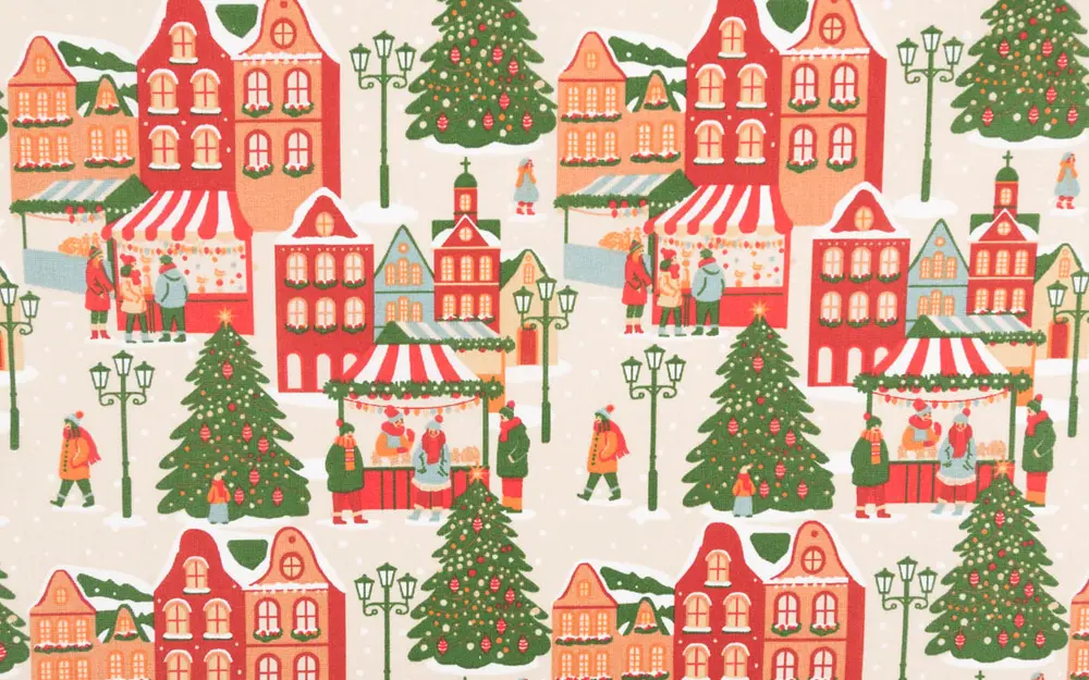 Weihnachtsstoff aus Baumwolle mit Weihnachtsdorf-Motiv in Natur und Rot
