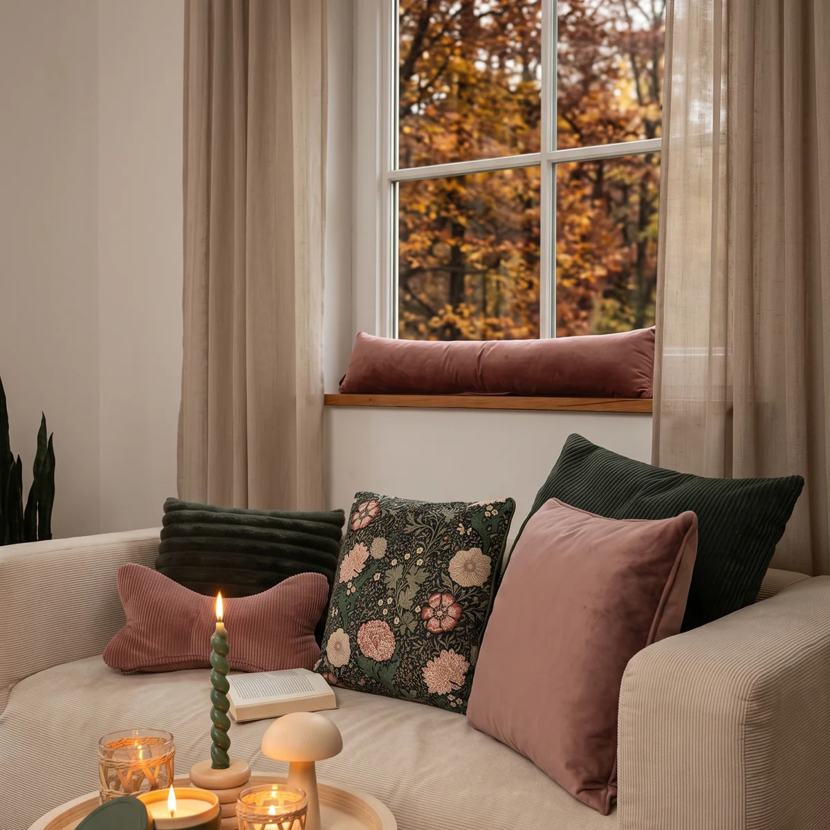 Gemütliches Wohnzimmer im Herbst mit Kissen und Gardinen am Fenster