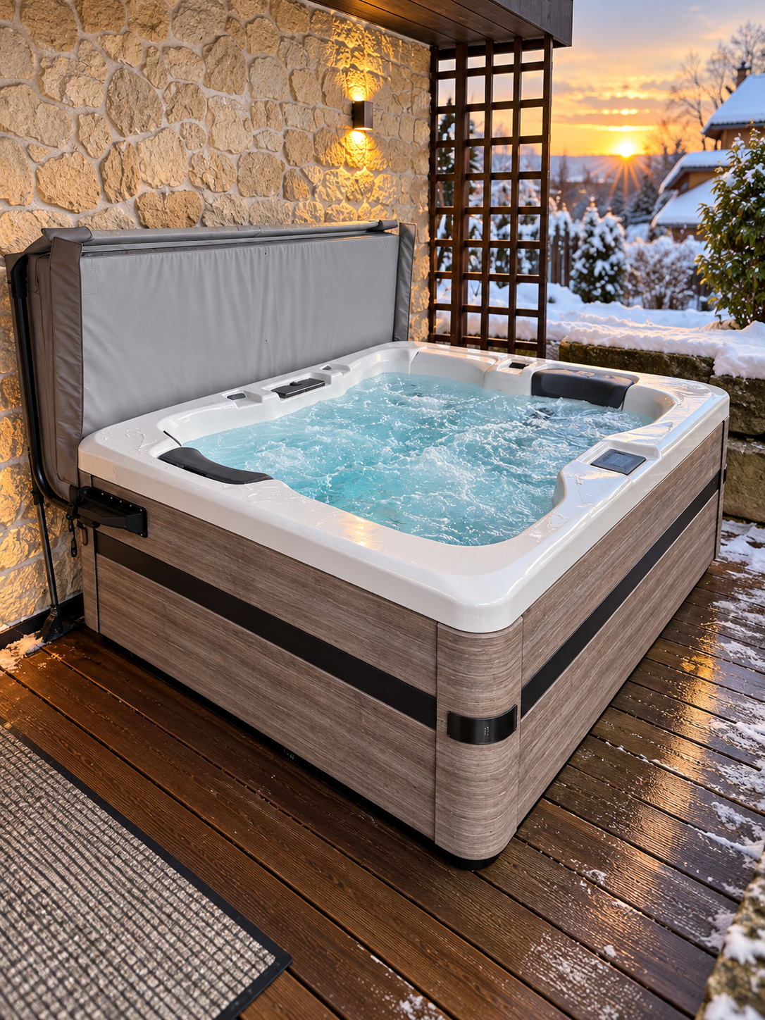 Bullfrog Whirlpool der A-Serie im Winter bei Sonnenuntergang