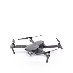 gear-drone-01.png Quadcopter-Drohne mit Gymbel-Kamera in Grau. Mit roten Streifen als Akzente.