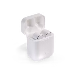 gear-headphones-02.png Weiße Bluetooth-In-Ear-Kopfhörer in einem weißen Etui. Die Außenseite der Kopfhörer ist silberfarben und die Ohrmuscheln bestehen aus weißem Gummi.