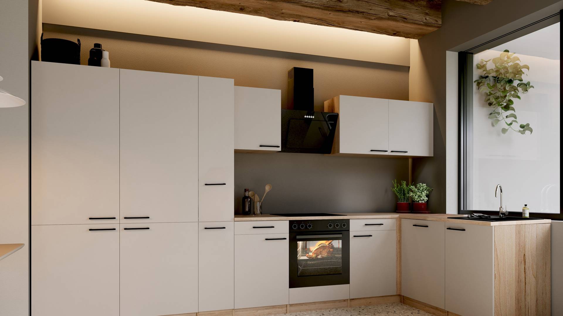 Moderne L-Küche in Hellgrau mit Holzarbeitsplatte von KITCHCOM