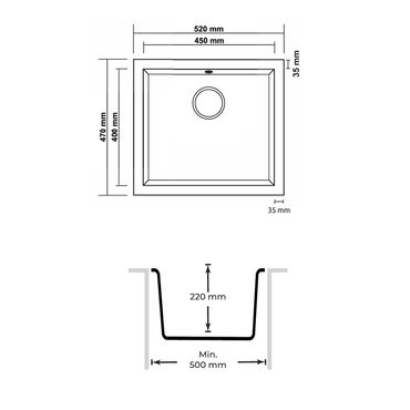 Küchenspüle Einbau Unterbau Spüle Granit Massiv 52 x 47 Schwarz Respekta Nelson